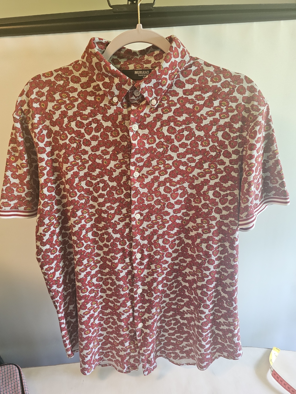 Murano Red Floral Short-Sleeve Button-Down with Yellow Accents